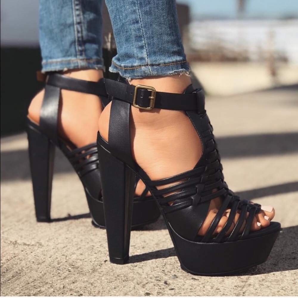 Strappy Platform Black High Heel Sandals